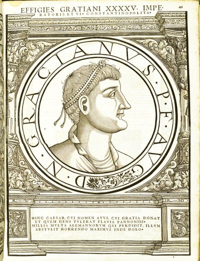 Gratianus, Illustration aus Imperatorum romanorum omnium orientalium et occidentalium verissimae imagines ex antiquis numismatis von Hans Rudolf Manuel Deutsch